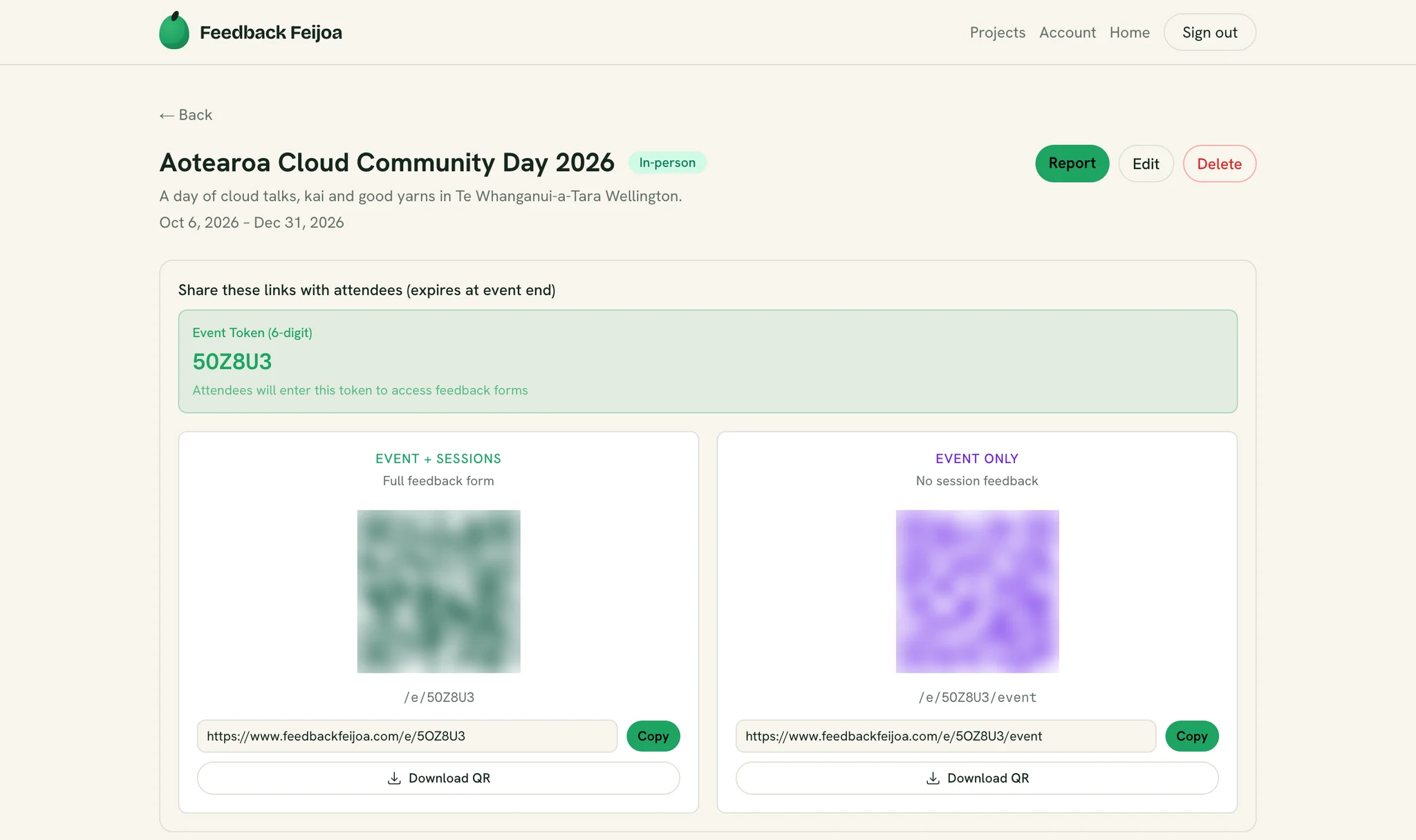 Event page with the 6-digit token and QR codes for attendees