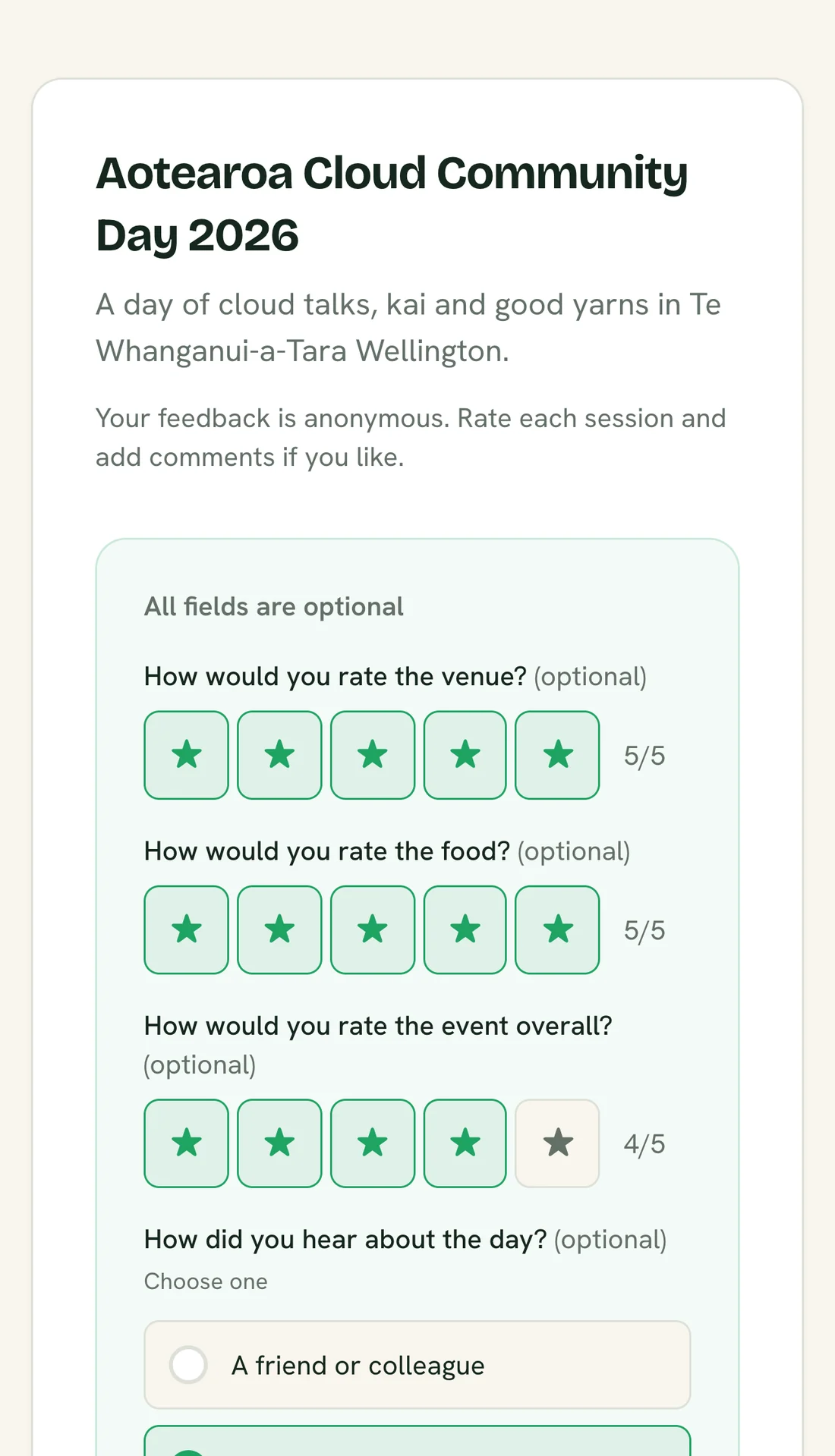 Feedback form on a phone, with star ratings and a single choice poll