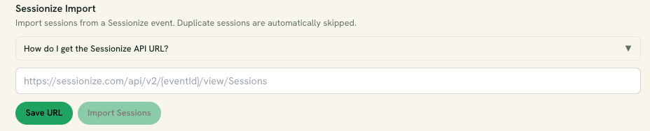 Sessionize import section on event page